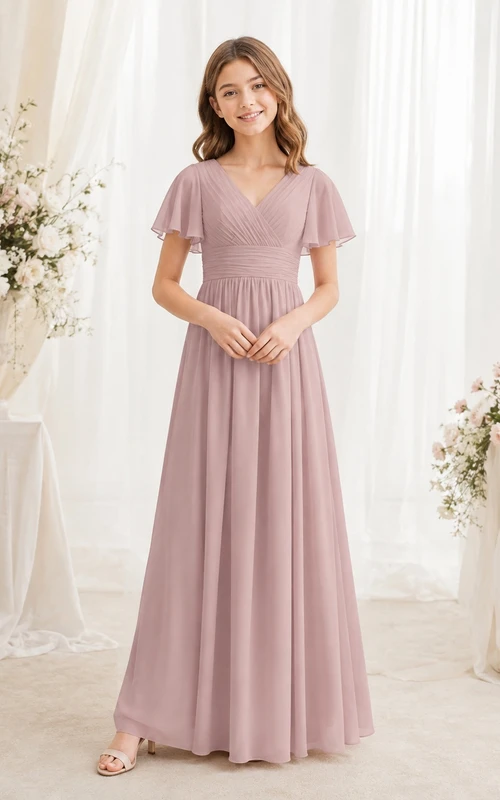 Vintage-Brautjungfernkleid in Mauve, A-Linie, V-Ausschnitt, kurze Blütenblattärmel, elegant und romantisch