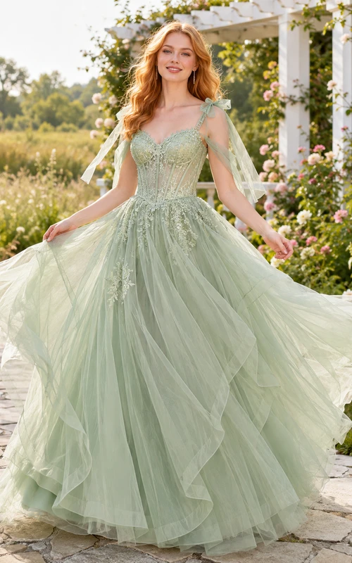 Vestido de princesa de quinceañera de tul vaporoso con lazo y capas en cascada, color verde salvia.