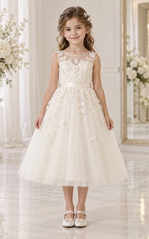 Tea-length Ivory A-line Floral Lace Tulle Sleeveless Illusion Flower Girl Dress