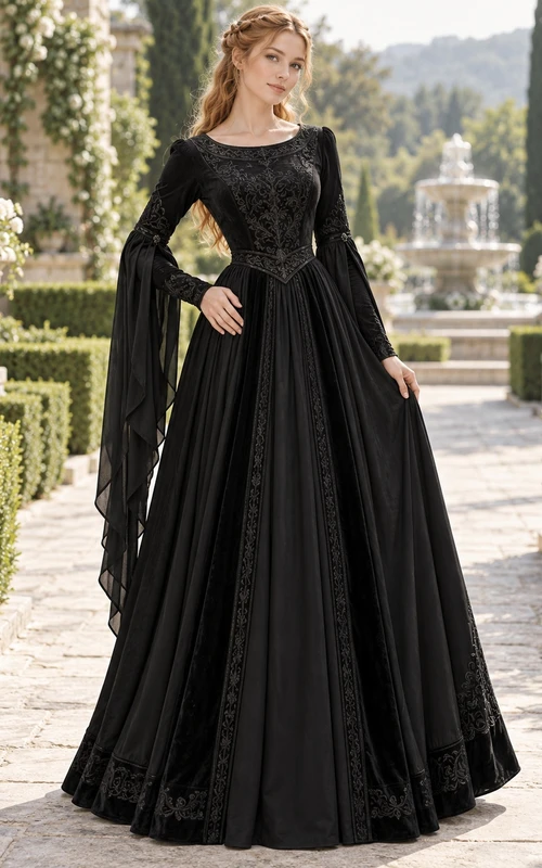 Gothic Medieval Black Long Sleeve Bateau Lace Draped Cuff Formal Gown