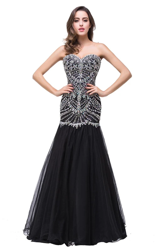 Glamouröses schwarzes Meerjungfrauen-Abendkleid mit Kristallen, herzförmigem Ausschnitt, ärmellos und mit Reißverschluss