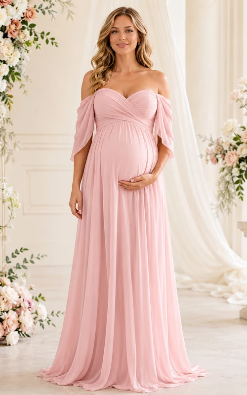 Elegante vestido de fiesta largo de gasa color rosa rubor para embarazadas, con hombros descubiertos y mangas drapeadas.