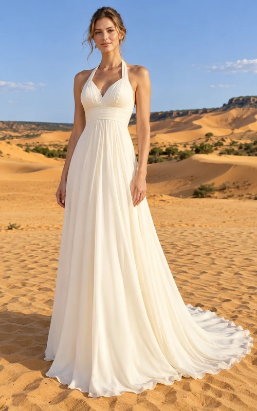 Empire-Brautkleid aus Crêpe mit Neckholder, V-Ausschnitt, plissiertem Oberteil und kurzer Schleppe