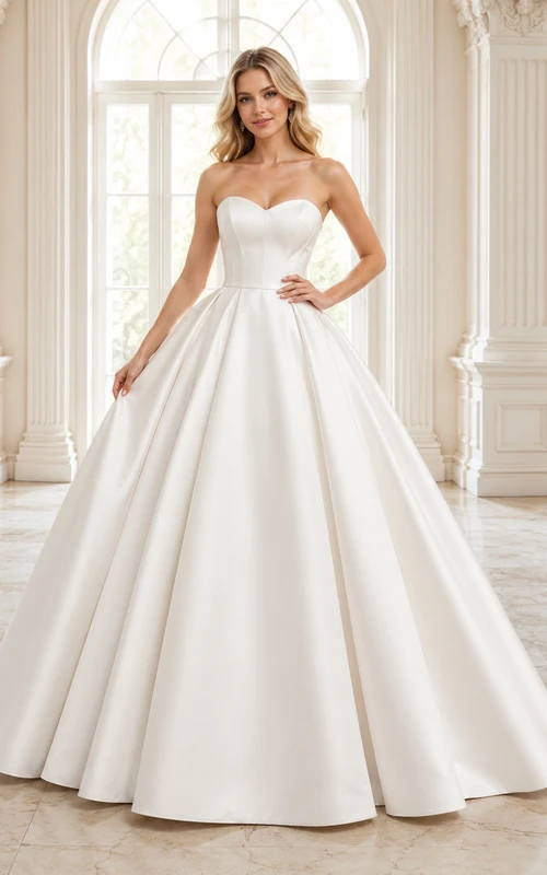 White Minimalist Strapless Sweetheart Clean Mikado Satin Quinceanera Princess Formal Ball Gown