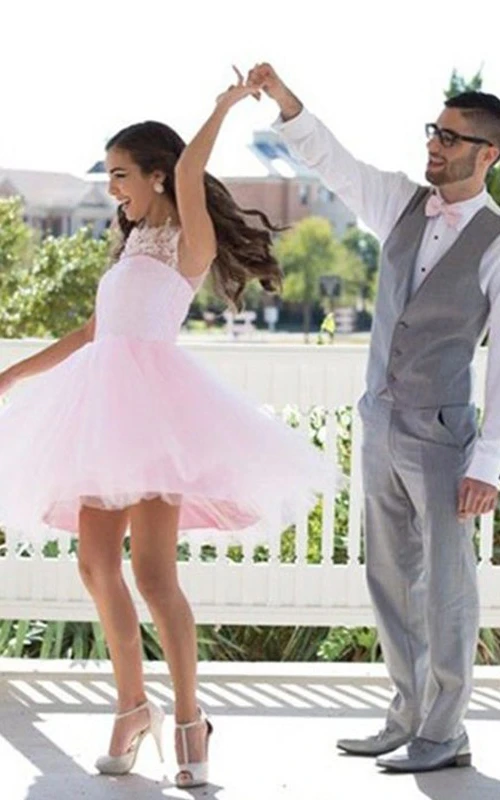 A-line Sleeveless Lace Tulle Jewel Zipper Knee-length Homecoming Dress