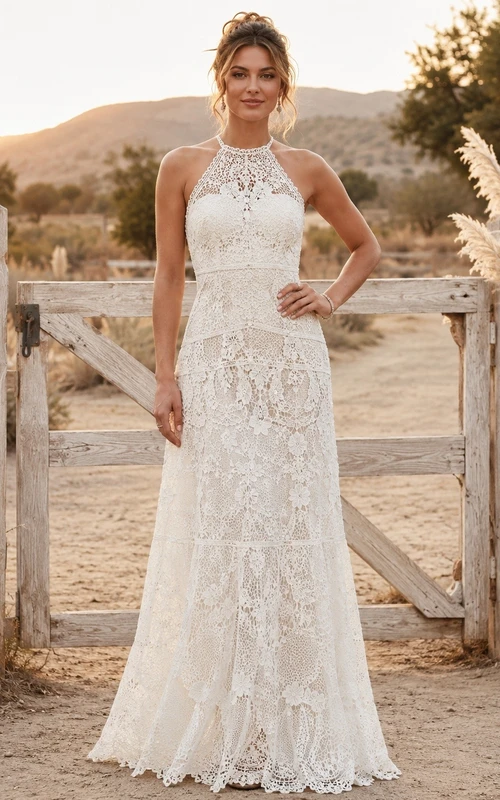 Vestido de novia rústico de encaje con cuello halter, sin mangas y cola de sirena.