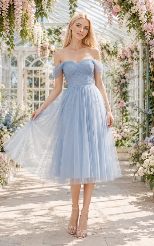 Pastel blue off shoulder tulle tea length A-line dress