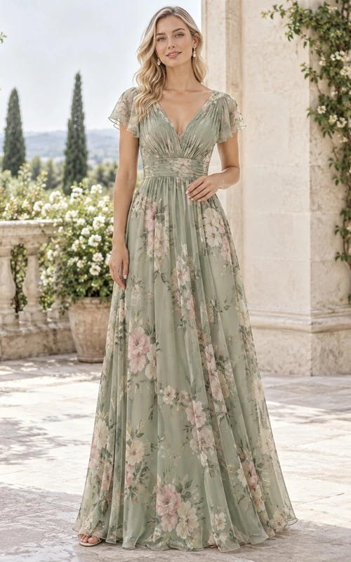 Brautjungfernkleid aus Chiffon in Salbeigrün mit Blumenmuster, plissiertem Oberteil, V-Ausschnitt, flatternden Ärmeln und bodenlanger Länge