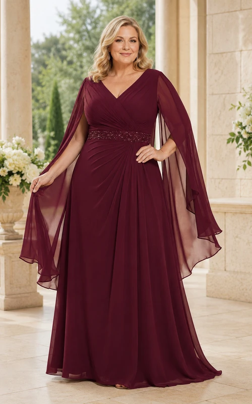 MOB-Kleid aus burgunderrotem Chiffon, A-Linie, Cape-Ärmel, V-Ausschnitt, bodenlang, Cape-Ärmel-Detail