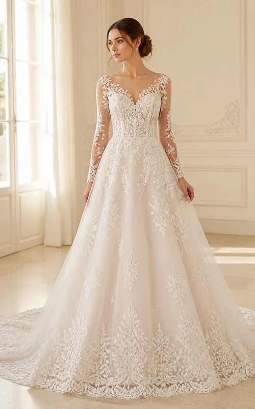 Elegante vestido de novia de corte A con escote en V y encaje floral, de manga larga, ideal para bodas en capilla.