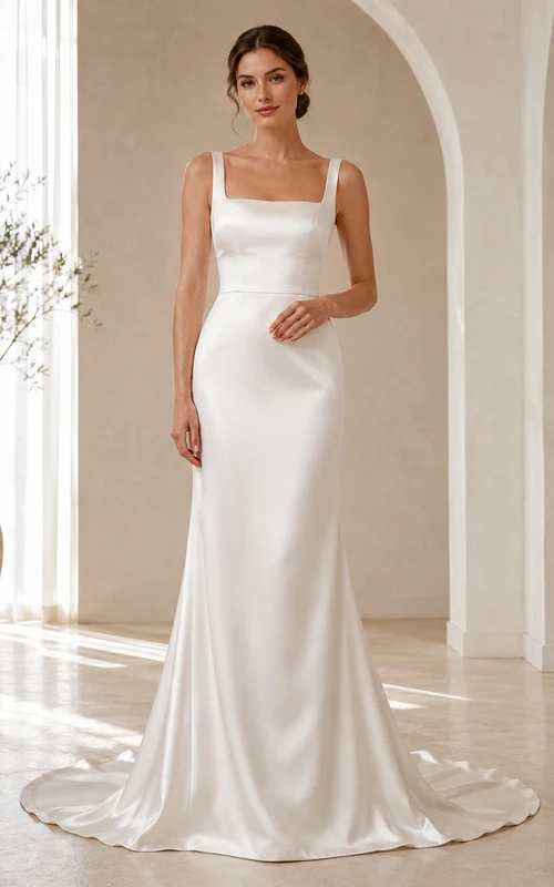Minimalist Charmeuse Wedding Dress Sheath Square Neck Sleeveless Sweep Train Bridal Gown
