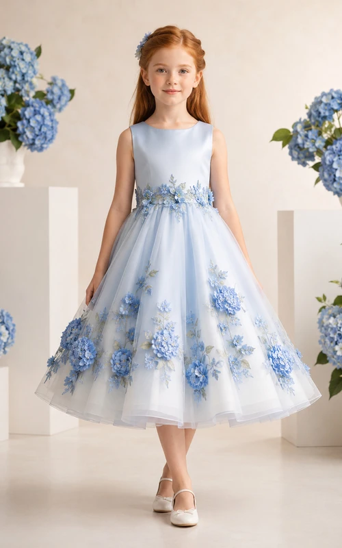 Himmelblaues Hortensien-Blumenmädchenkleid mit ärmellosem A-Linien-Schnitt aus Tüll, applizierten Blütenbüscheln, natürlicher Taille und wadenlangem Saum
