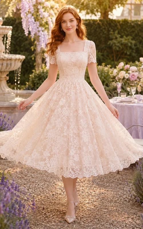Romantic Square Neck Lace Tea-Length Tulle A-Line Wedding Dress