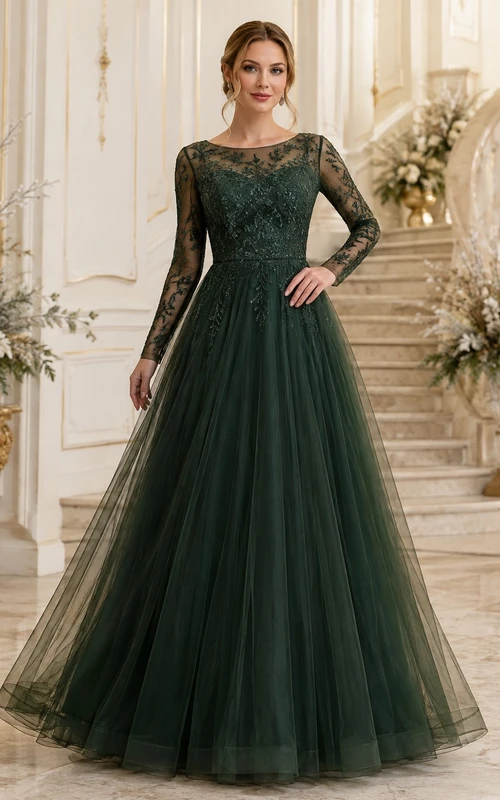 Dunkelgrünes, langärmeliges, bodenlanges Ballkleid aus Tüll mit Illusionsspitze