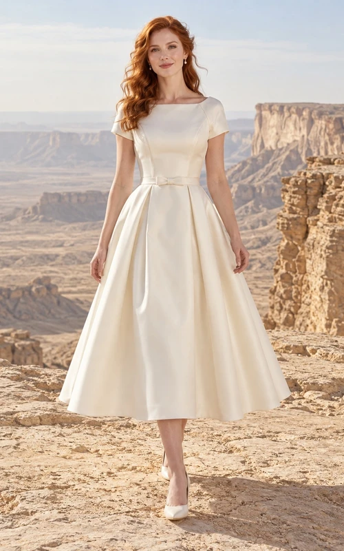 Vestido de novia sencillo y modesto de manga corta con escote barco y plisado de satén, largo hasta la rodilla