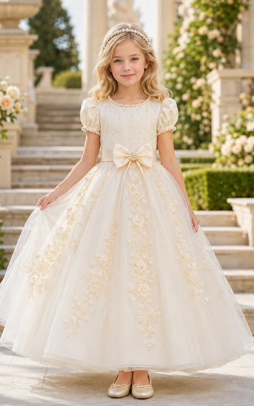 A-Line Royal Inspired Flower Girl Dress with Cap Sleeves, Gold Applique Bodice, Full Tulle Skirt, Satin Waist, Regal Formal Style