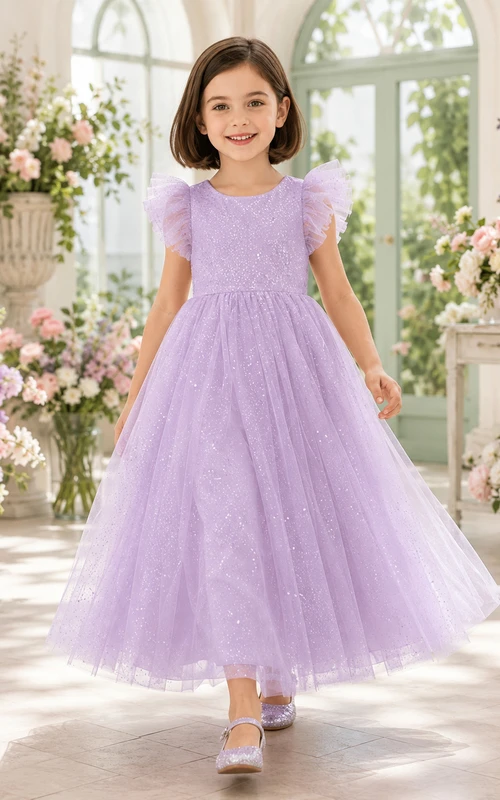 Robe de demoiselle d'honneur en dentelle lavande et tulle, coupe trapèze, col rond, longueur thé