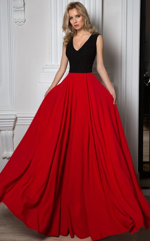 Robe de bal longue sans manches en mousseline plissée à col en V
