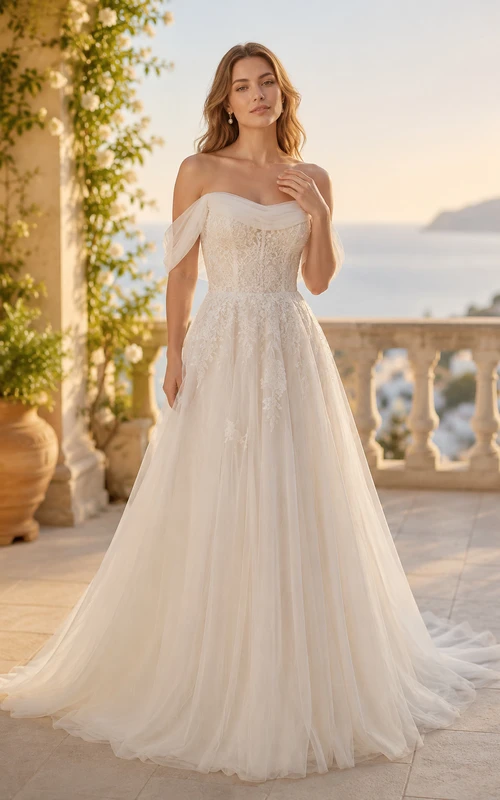 Wedding A-Line Tulle Dress with Off-Shoulder Neckline and Lace Bodice