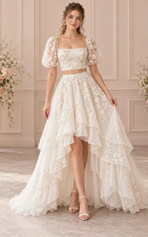 Two Piece High-low Square Neck Lace Puff Sleeve Wedding Dress