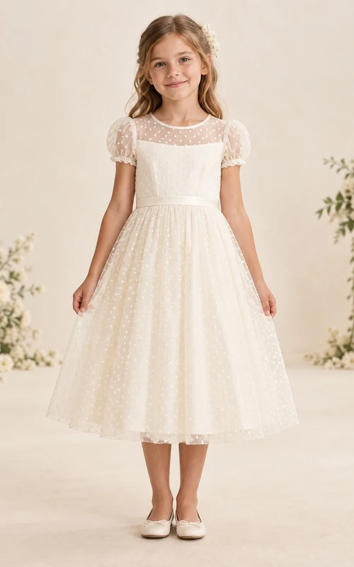 Teelanges elfenbeinfarbenes A-Linien-Kleid aus Tüll mit Pünktchenmuster, Illusionseffekt, Puffärmeln und Schleife am Rücken für Blumenmädchen
