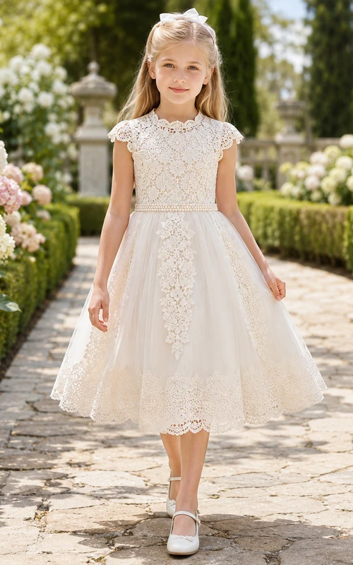 Hochgehäkeltes Spitzenkleid mit kurzen Ärmeln zur Erstkommunion