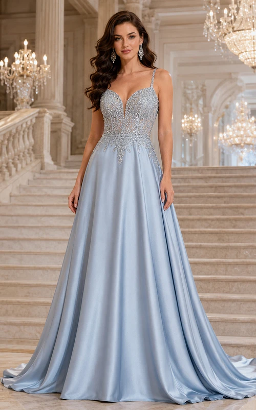 Light Blue Crystal Bodice Satin A Line Gala Gown