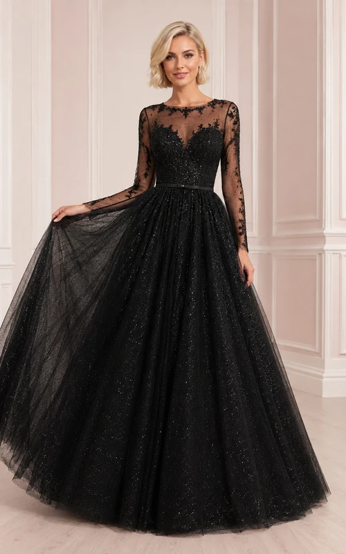 Schwarzes Ballkleid aus Illusionsspitze, bodenlang, hochgeschlossen, lange Ärmel, Tüll, elegant und luxuriös – perfekt für Abschlussball, Abendveranstaltung oder festliche Anlässe.