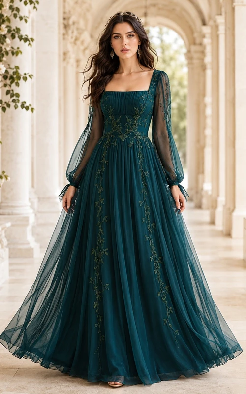 Luxury Teal Tulle A-Line Floor-Length Square Neck Long Sleeve Formal Dress