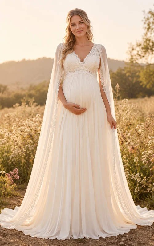 Maternity Wedding Dress V-Neck Lace Bodice Cape A-Line Country Bridal Gown with Train