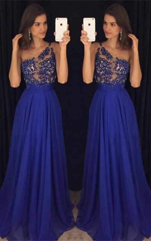 Elegant Royal Blur One Shoulder Prom Dresses Long Chiffon Appliques