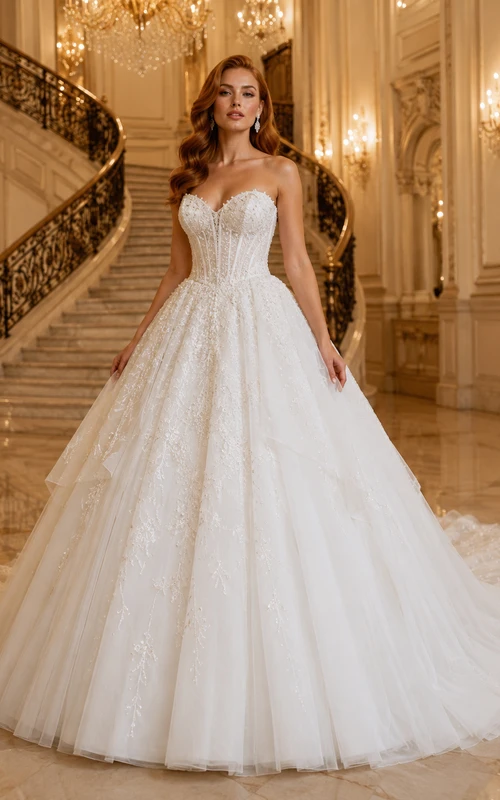 Robe de mariée en tulle, robe de bal bustier à traîne, détails à volants, dos nu en V