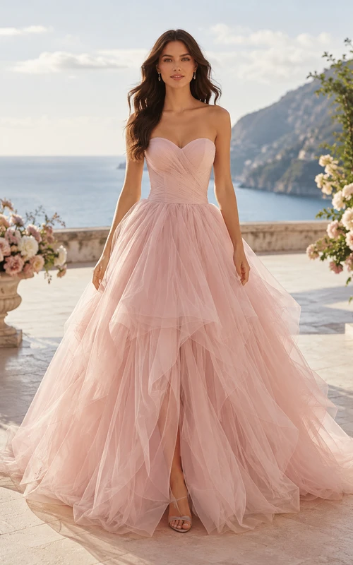 Vestido de novia catedral sin tirantes con corsé rosa empolvado y capas de tul