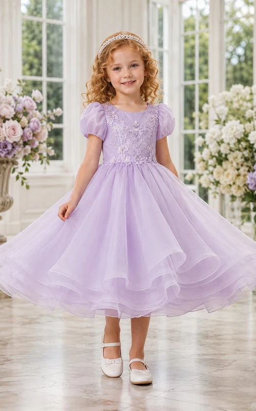 Flower Girl Dress A-Line Lilac Twirl Friendly Ruffle Tulle Puff Sleeve Party