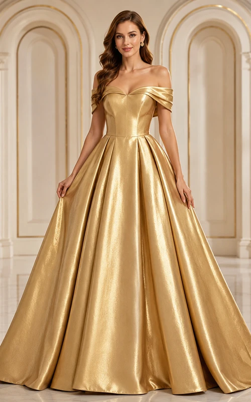 Vestido de gala de lujo Gilded Majesty Gold, largo hasta el suelo, con hombros descubiertos y manga corta, confeccionado en satén metalizado.