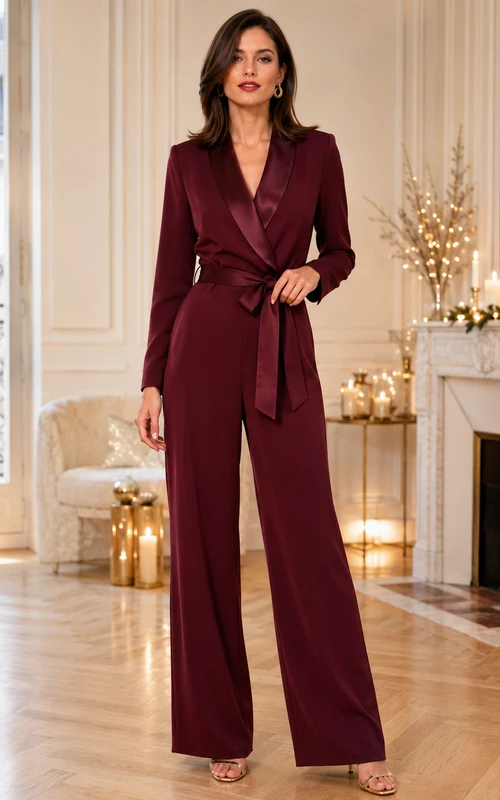 Burgunderfarbener, bodenlanger Jumpsuit aus Satin mit V-Ausschnitt, langen Ärmeln, Gürtel und weitem Bein – perfekt für festliche Anlässe zum neuen Jahr.
