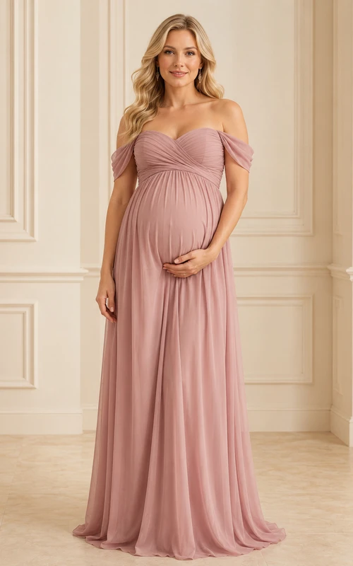 Elegantes, formelles Umstandskleid in Altrosa mit Empire-Muster, bodenlang, schulterfrei, kurzärmelig, aus Chiffon, romantisch und elegant – perfekt für Brautjungfern und Gäste beim Empfang.