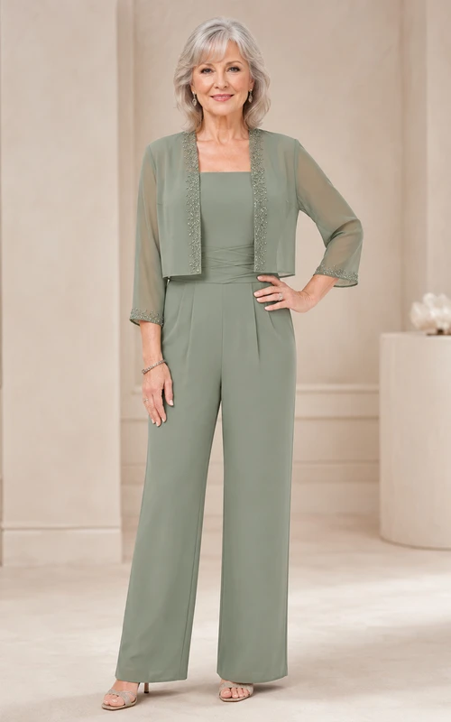 Mother Sage Chiffon Jumpsuit with Scoop Neck Cropped Jacket and Wide Leg Pants