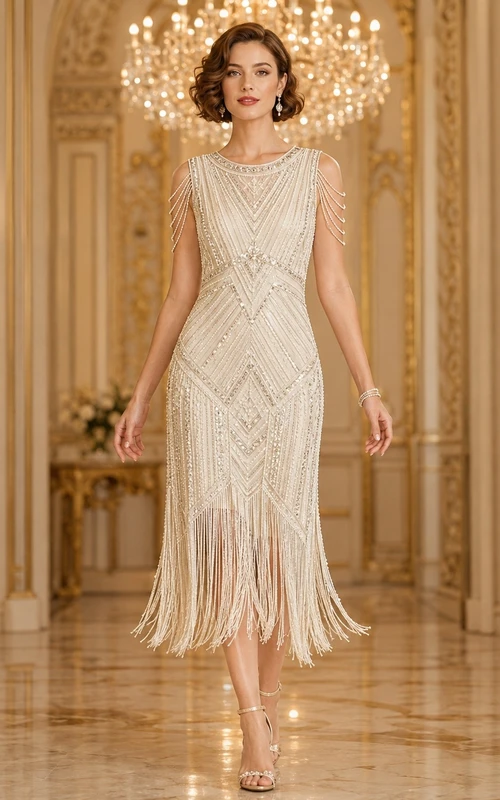 Vestido de tubo sin mangas con lentejuelas y flecos, estilo art déco, color champán.