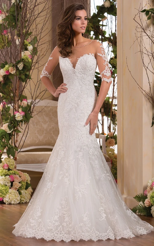 Meerjungfrauenkleid mit halblangen Ärmeln und transparentem, appliziertem Oberteil