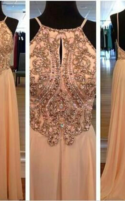 Sexy langes Spaghetti-Abendkleid mit Chiffon-Trägern, Perlenstickerei und Kristallverzierungen