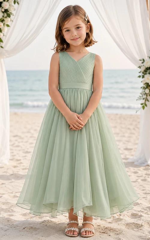 Blumenmädchenkleid aus salbeigrünem Chiffon-Tüll, A-Linie, Rundhalsausschnitt, Teelänge, plissiert