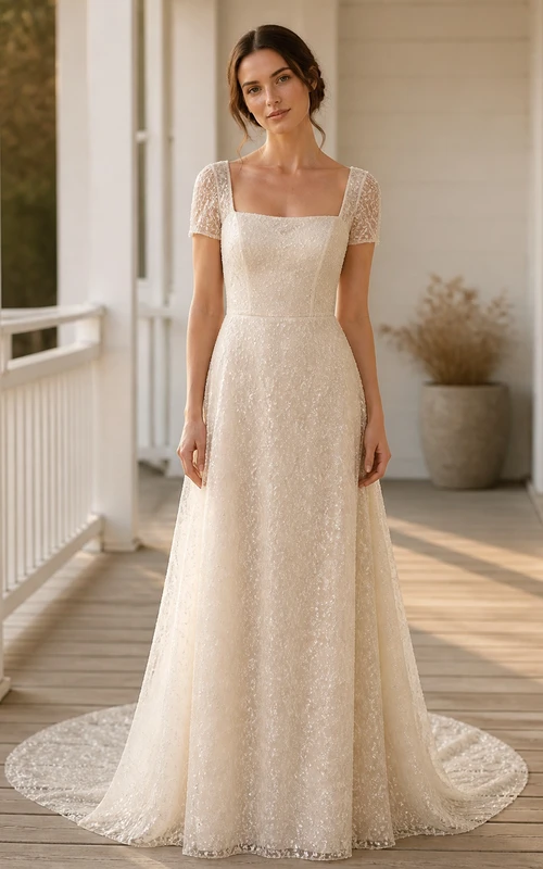 Vestido de novia sencillo, transparente, de corte A, escote cuadrado y manga corta hasta el suelo