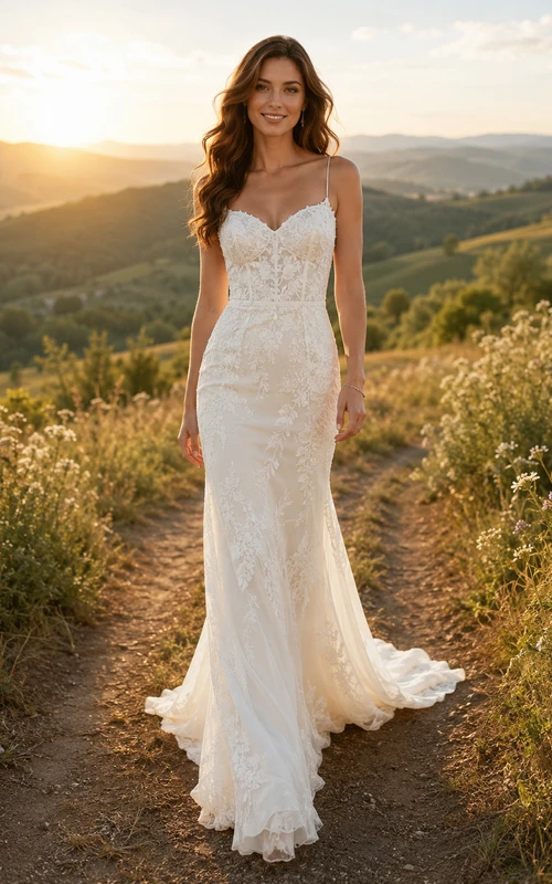 Robe de mariée champêtre en dentelle, coupe sirène, col V, sans manches, traîne chapelle, dos nu