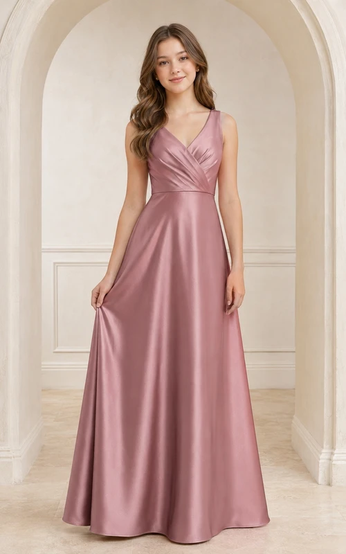 Vestido de dama de honor juvenil color rosa empolvado, corte en A, escote en V, sin mangas, satén, moderno.