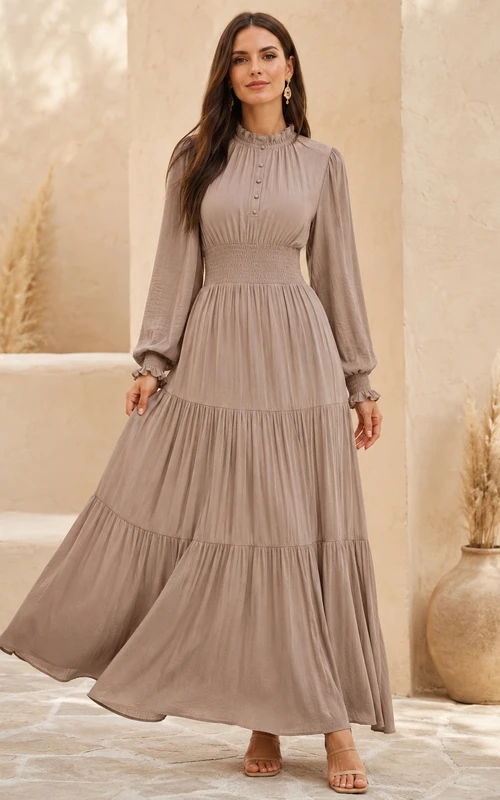 Long Sleeve Modest High Neck A-Line Tiered Taupe Formal Evening Dress