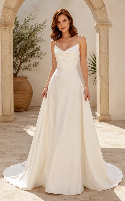Minimalist Satin Wedding Dress A-Line V-Neck Sleeveless Sweep Train Bridal Gown