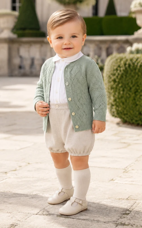 Salbeigrüner, langärmeliger, strukturierter Cardigan, Taufunterwäsche für Babys