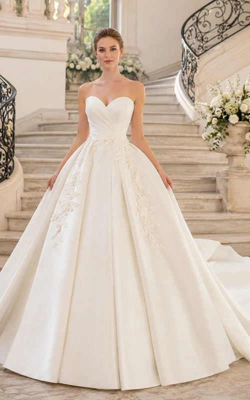 Robe de bal classique en satin sans bretelles avec traîne chapelle, robe de mariée princesse