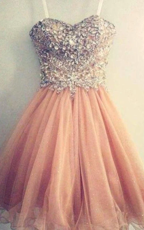 Gorgeous Sweetheart Spaghetti Strap Homecoming Dress Beadings Crystals Short Prom Gowns